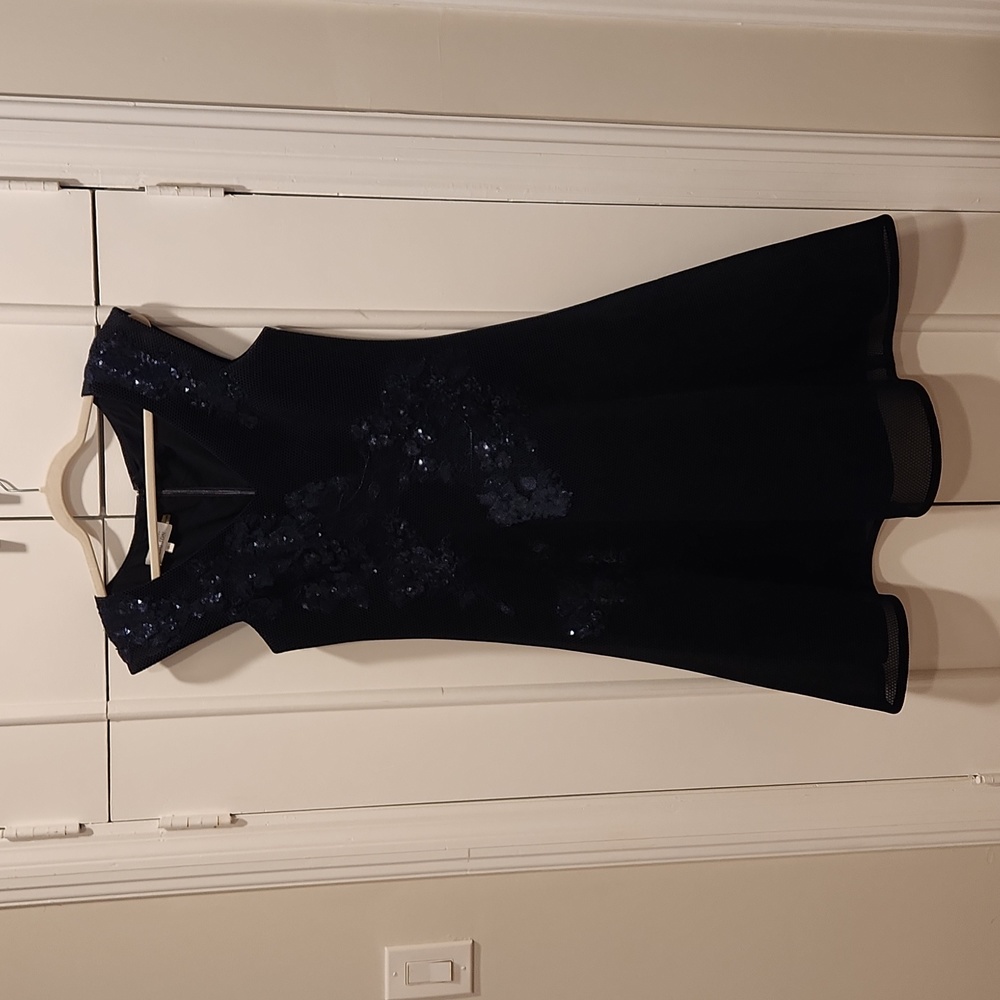 Rickie Freeman for Teri Jon navy blue mesh scuba with lace appliqué dress size10